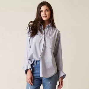 Free People Tie it In A Bow Cotton Oversized Pinstriped Bohemian Tunic Shirt M